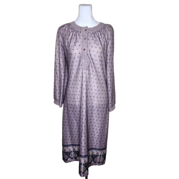 Vintage 70s Long Sleeve Midi Shift Dress Womens Size 10 Dusty Purple Black Borde - Picture 1 of 7